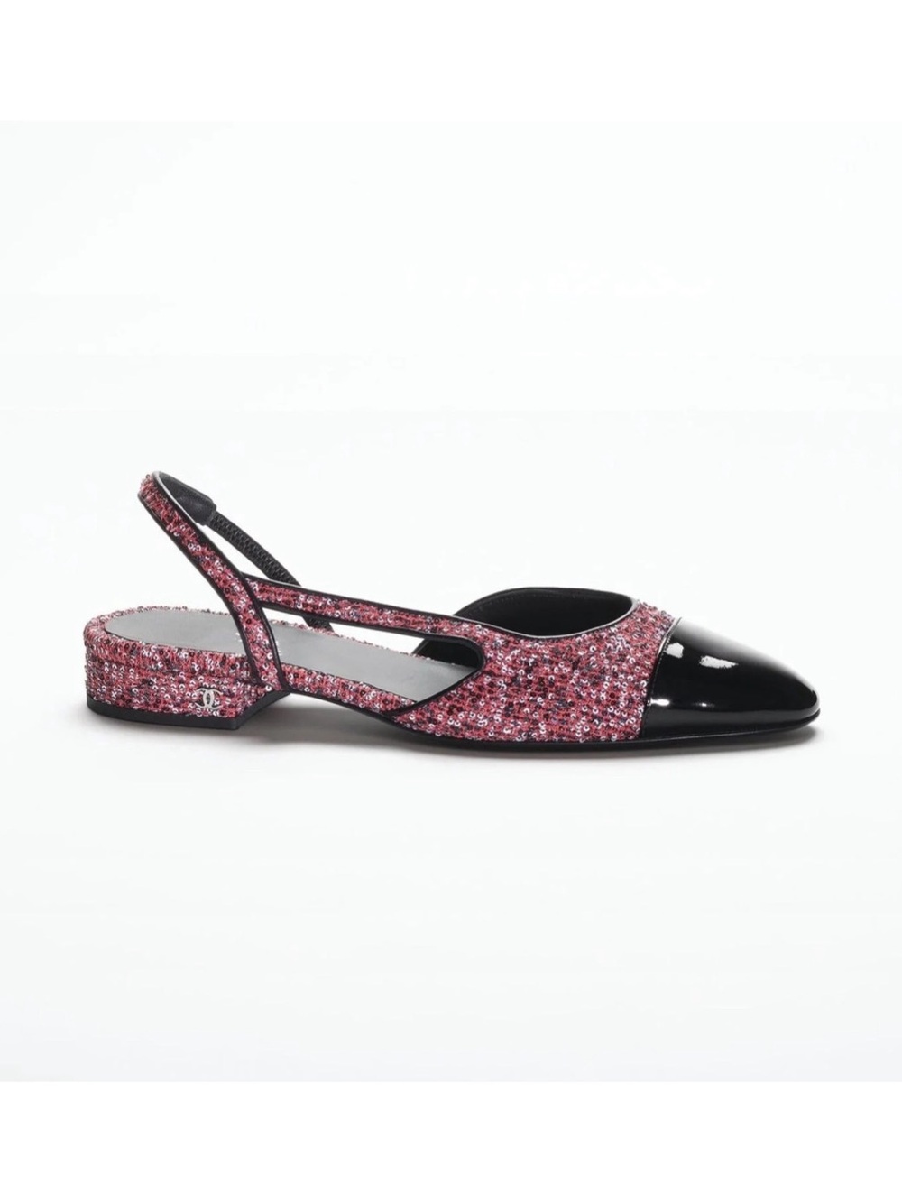 CHANEL Pink Red Tweed Slingback Flats with Black Patent Metallic Toe Cap 9.5